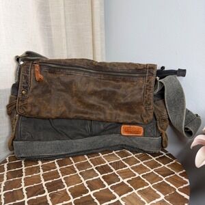 Bed Stu Hawkeye Messenger Bag Distressed Waxed Canvas Leather Brown Charcoal